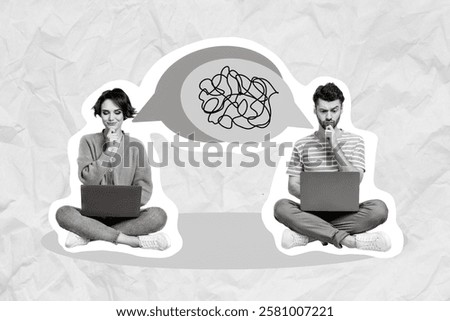 3d retro creative artwork template collage of thoughtful lady guy exchanging emails online dating isolated painting background