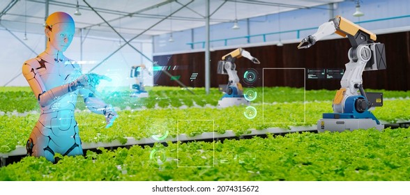 3D robot and robot arms in agricultural industry robotics solutions technology revolution, robot weeding harvesting nursery  organic farm fully automated artificial intelligence smart virtual control