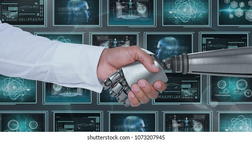3D robot hand and person shaking hands against background with medical interfaces - Shutterstock ID 1073207945