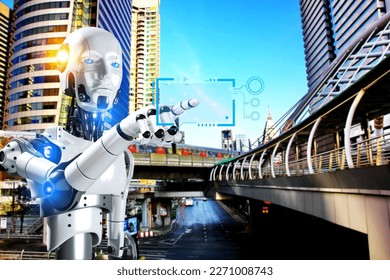 3D robotic finger  touching element futurictic document digital icon, AI artifical intelligence emulate human work in AI city