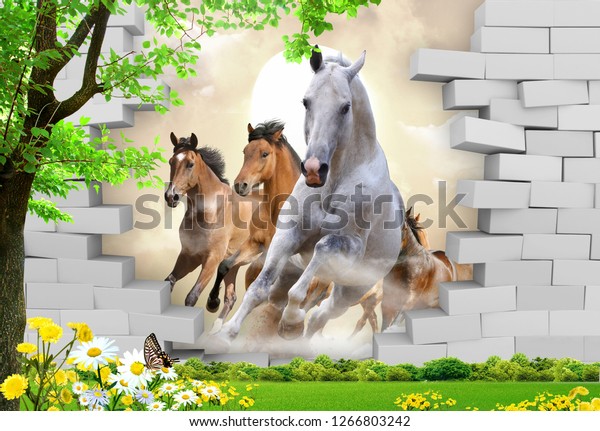3D Running Horses crushing a wall