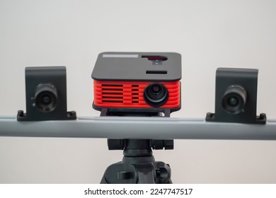 3D scanner device. Equipment for construct digital three dimensional models. Automated technology, industrial, robotic, electronic, production, manufacturing concept