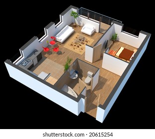 3D sectioned apartment with furniture with clipping path