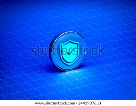 3d shield padlock on round chrome button isolated on dark blue background with white grid line as digital cyberspace, network connection structure. Cyber security, data protection technology concepts.