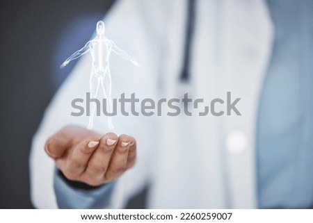 3d skeleton hologram, hands or doctor on AI overlay in office for futuristic, innovation or abstract information technology. Surgery, UX or healthcare nurse on medical, digital or human body diagram