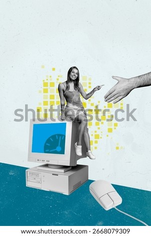 3d sketch image vertical collage of happy businesswoman businessman sit pc monitor mouse desktop alarm time expire deadline.