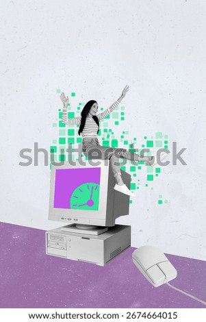 3d sketch image vertical collage of happy businesswoman businessman sit pc monitor mouse desktop alarm time expire deadline