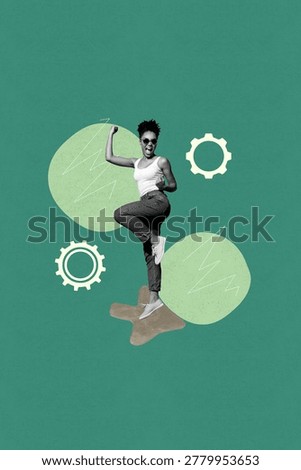 3d sketch image vertical collage of happy businesswoman businessman stand arrow development path gearwheel setting progress.