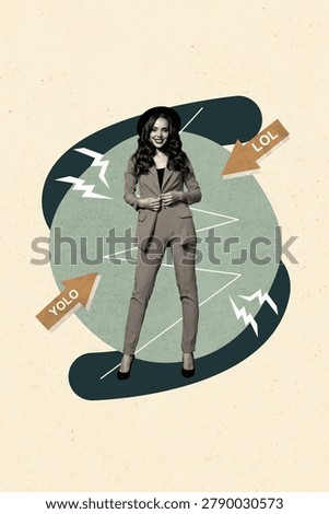 3d sketch image vertical collage of happy girl guy stand arrow lol yolo cyberbully pressure social media abuse stress tension.