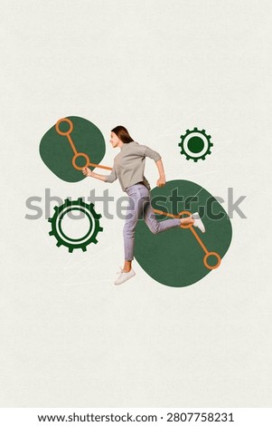 3d sketch image vertical collage of happy businesswoman businessman stand graph development path gearwheel setting progress.