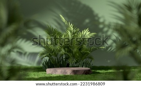 3D stone green podium or rock dais stage and nature green leaves. elegant green podium mock-up stand product scene green nature background. 3d podium stage illustration render tropical style.