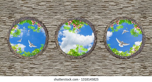 3D stone wall ceiling wallpapers,spring flowers and pigeons