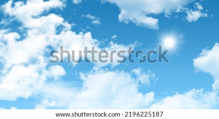 3D Stretch ceiling decoration image. Shining sun in the blue sky. Bottom up view of the sky.