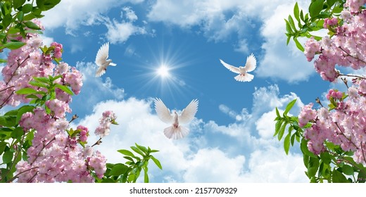 3d stretch ceiling sky model. clear blue sky and clouds. pink blossoms and flying white doves. bottom up view of sky - Powered by Shutterstock