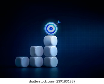 3d target icon on white blocks business chart steps on blue background with line graph table. The business growth graph process, goal, success, and economic improvement and data analysis concepts.
