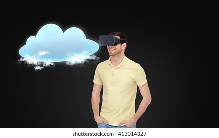 3d technology, virtual reality, cloud computing, entertainment and people concept - happy young man in virtual reality headset or 3d glasses with cloud over black background