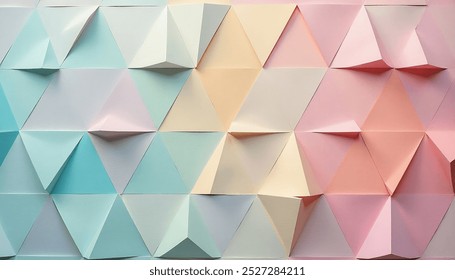 a 3D triangular pattern in pastel colors like blue, cream, and pink, with folded effects that add dimension and a modern look