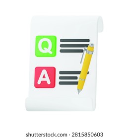 3D vector icon of a Q A questionnaire sheet with a pencil, isolated on a white background, representing question and answer forms, exams, surveys, and interviews for education websites, HR recruitment apps, quiz platforms, and infographic design.