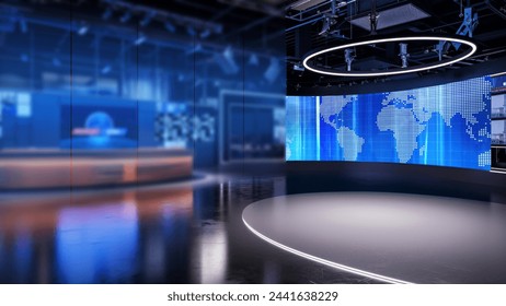 3D Virtual TV Studio News, Backdrop For TV Shows .TV On Wall.3D Virtual News Studio Background,3d illustration