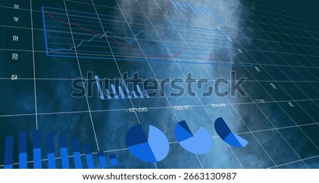 3D visualization presenting wireframe line, bar and pie charts in teal grid, with labels and mist. Digital, analytics, modern, abstract, technology, futuristic, data-driven