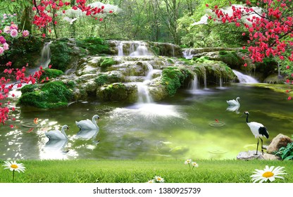 3d wallpaper design waterfall and sea , lake - Powered by Shutterstock