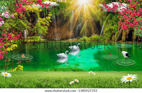 3d Wallpaper Design Waterfall Sea Lake Stock Photo (Edit Now) 1380925703