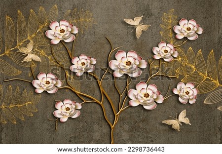 3d wallpaper, golden tree with flowers and butterfly wall relief