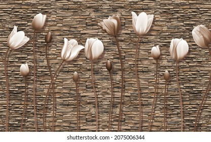 3d Wallpaper Stone Background With Beautiful Flower - Shutterstock ID 2075006344