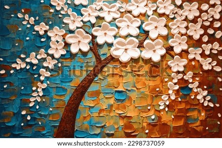 3d wallpaper, Tree painting in colorful wall relief
