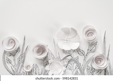 3d White Paper Flowers With Painted Leaves And Stems On The White Background