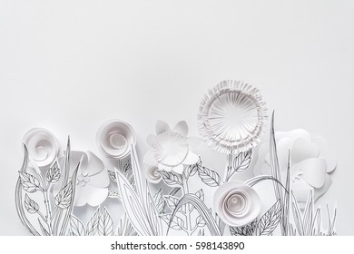 3d White Paper Flowers With Painted Leaves And Stems On The White Background