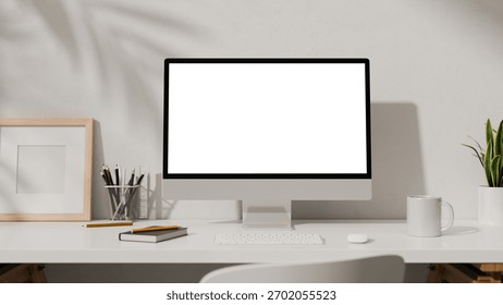 3D workspace with desktop computer, office supplies, houseplant and books at office.