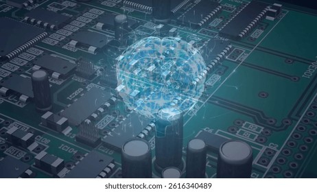 3D-rendered holographic brain is hovering above green PCB with capacitors and ICs, technology theme. Technology, innovation, electronics, futuristic, connectivity, digital, scientific