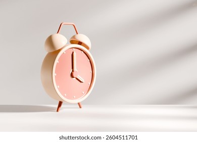 A 3D-rendered pastel-colored alarm clock with a pink face and beige frame sits on a white surface, casting soft shadows on a light background in a minimalist composition.