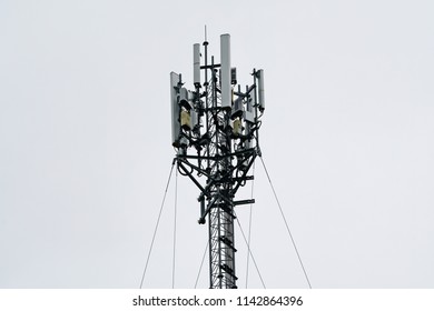 3G, 4G and 5G Cell site, Telecommunication tower, radio tower or mobile phone base station. Wireless Communication Antenna. Development of communication systems in urban area.