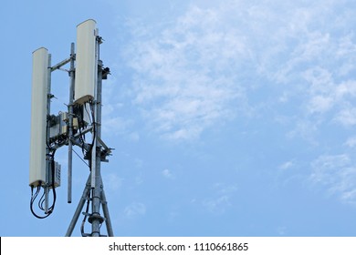 3G, 4G, 5G. Mobile phone base station Tower. Development of communication system in urban area with blue sky background. - Shutterstock ID 1110661865
