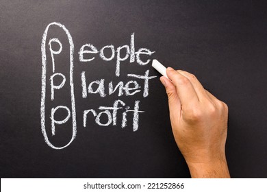 3p marketing of sustainable business with hand pointing at People word with chalk
