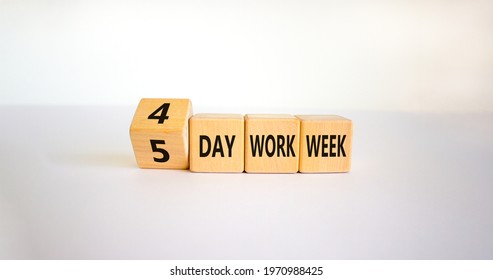 4 or 5 day work week symbol. Turned the cube and changed words '5 day work week' to '4 day work week'. Beautiful white background. Copy space. Business and 4 or 5 day work week concept.