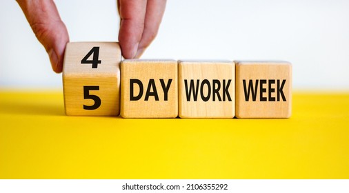 4 or 5 day work week symbol. Businessman turns the cube and changes words '5 day work week' to '4 day work week'. Beautiful white background. Copy space. Business and 4 or 5 day work week concept. - Shutterstock ID 2106355292