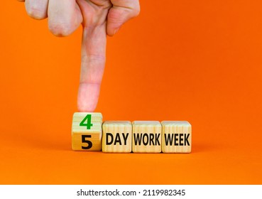 4 or 5 day work week symbol. Businessman turns cubes and changes words 5 day work week to 4 day work week. Beautiful orange background. Copy space. Business and 4 or 5 day work week concept.
