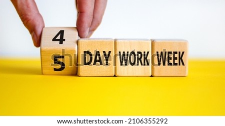 4 or 5 day work week symbol. Businessman turns the cube and changes words '5 day work week' to '4 day work week'. Beautiful white background. Copy space. Business and 4 or 5 day work week concept.
