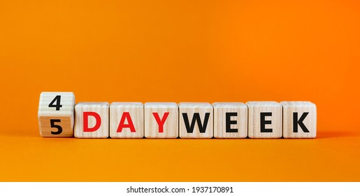 4 or 5 work day per week symbol. Turned the cube and changed words '5 day week' to '4 day week'. Beautiful orange background. Copy space. Business and 4 or 5 day week concept.