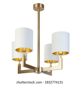 4 Arm 4-Light Chandelier Isolated On White. Antique Brass Finish Ceiling Light With Opal Shades & Gold Lining. Gold Metal Hanging Light Fixture. Pendant Sconce Lighting Lamp