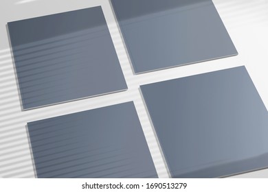 4 Blank Square Catalog Magazine Album Covers On Grey Background With  Linear Window Overlay As Template For Design, Portfolio Presentation, Promotion, Etc.