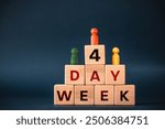 4 day week, Business concept. Symbol of shortening the work week. words 4 day work week. Colorful Figures of people standing on the podium. Employee success, work efficiency. Navy blue background