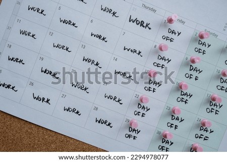 4 day work week printed calendar with pink pins on three days off in week weekend days four day working week concept. Modern approach doing business short workweek. Effectiveness of employees