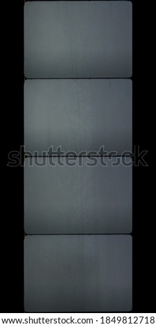 4 empty 16mm film frames with scratches and dust texture, blank motion picture film windows.