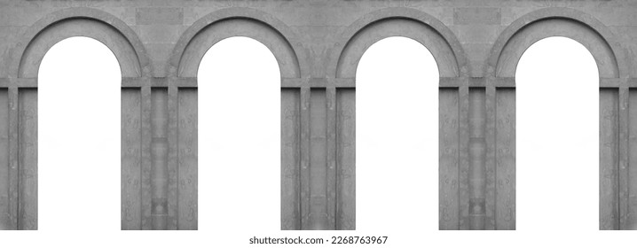4 four classic white or beige arches. Marble antique wall arcade. Background banner. Poster. architecture of the ancient world. exterior white arched wall. empty copy space.isolated. mockup.