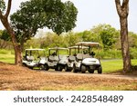 4 golf carts parked side by side.