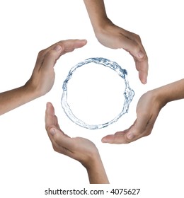 4 Hands Protecting A Ring Of Water. Picture Was Made In A Studio.